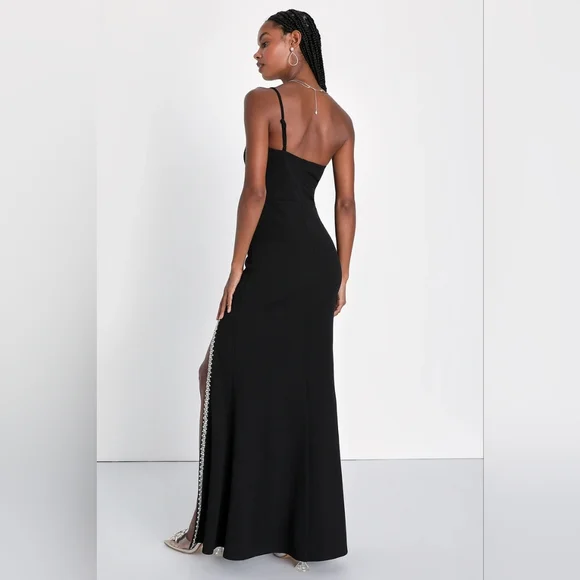 Absolutely Sensational Black Rhinestone One-Shoulder Maxi Dress - Picture 4 of 4